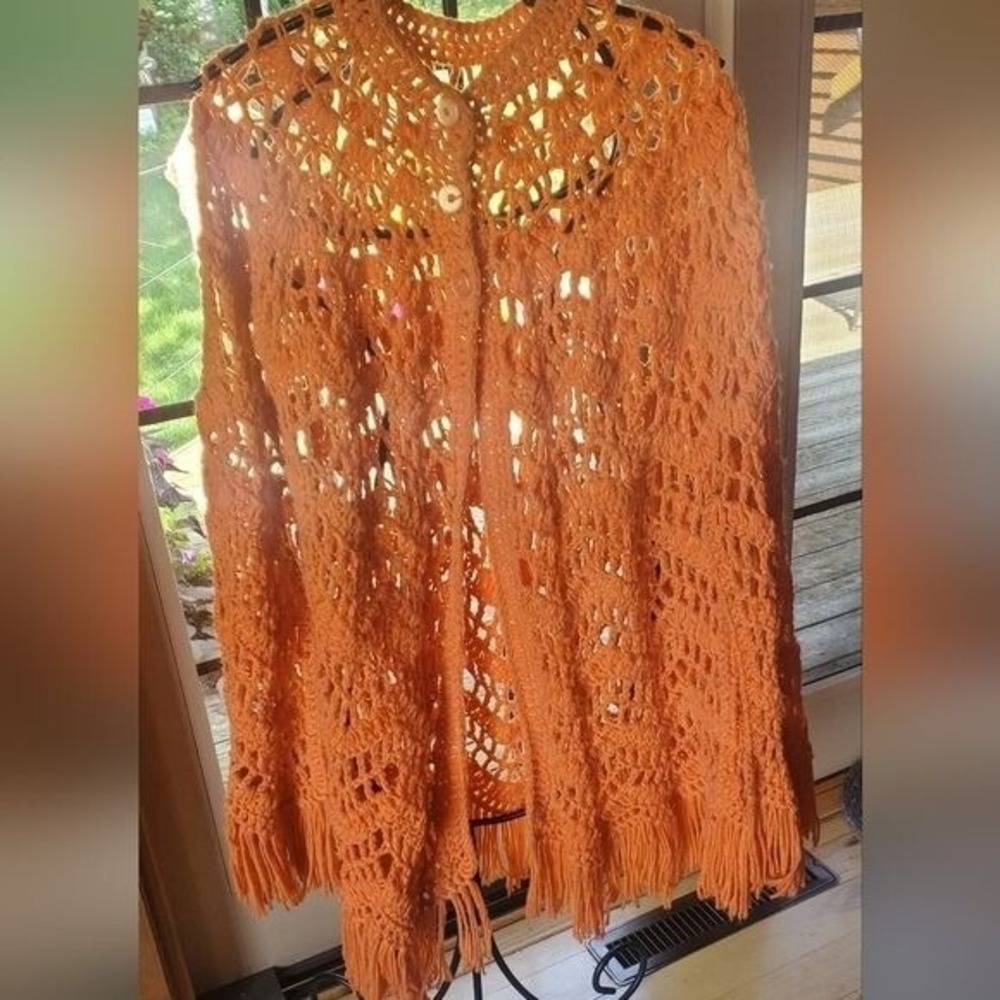 Vintage Handmade Hand Crocheted Fall Pumpkin Orange Sz. OS Shawl Cape Poncho
